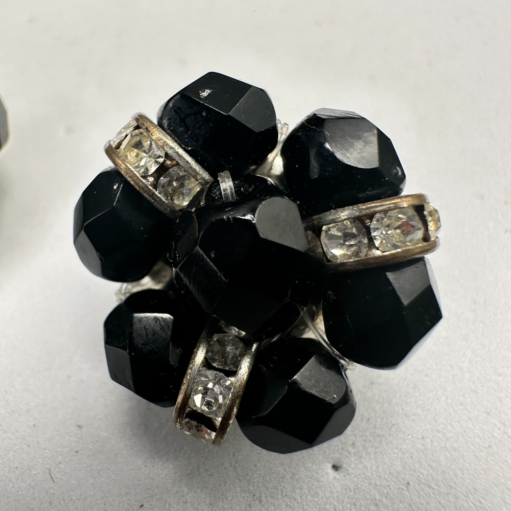 Vintage Black Bead Cluster Clip On Earrings Silver Tone Rhinestone Spacer Womens - Picture 7 of 10